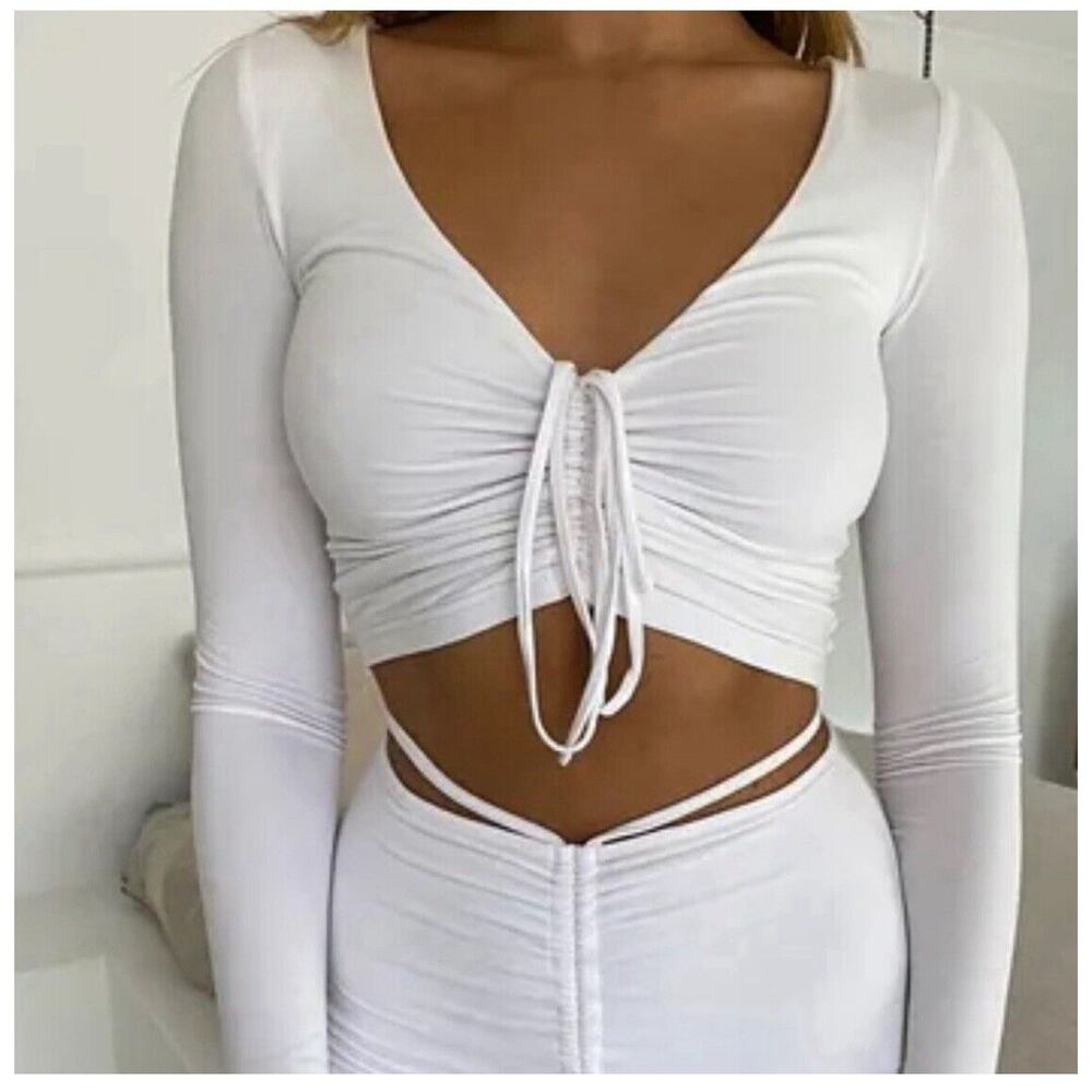 I.AM.GIA Long Sleeves Ribbed Tie-Front Ruched Cropped Halo White Top Sz Small